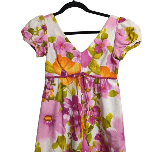 Hawaiian Pink Floral V Neck Puff Sleeve Empire Waist Maxi Dress XS (see meas) - Picture 3 of 11